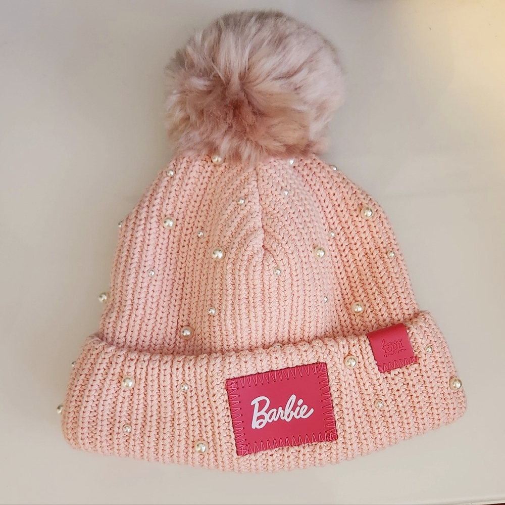pink pearled satin lined barbie beanie with detachable pom